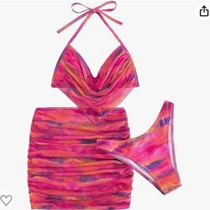 Women's 3 Piece Tie Dye Swimsuit Ruched Halter Bikini Bathing Suit with Skirt